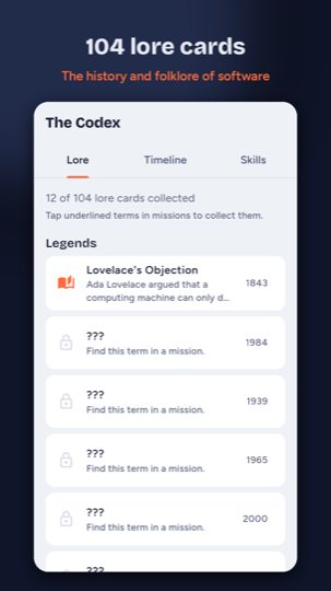 Collectible codex card on dev history